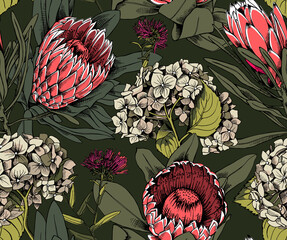 Floral Seamless pattern. Protea (Sugarbushes), Hydrangea, wildflowers flowers and leaves. Textile composition, hand drawn style print. Vector illustration.