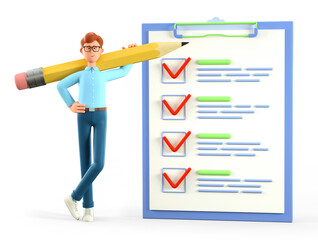 3D illustration of man holding a huge pencil on his shoulder standing nearby a giant marked checklist on a clipboard paper, customer survey form. Successful completion of business tasks.