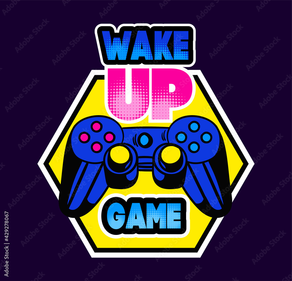 Poster cute game logo patch with wake up game lettering and gamepad