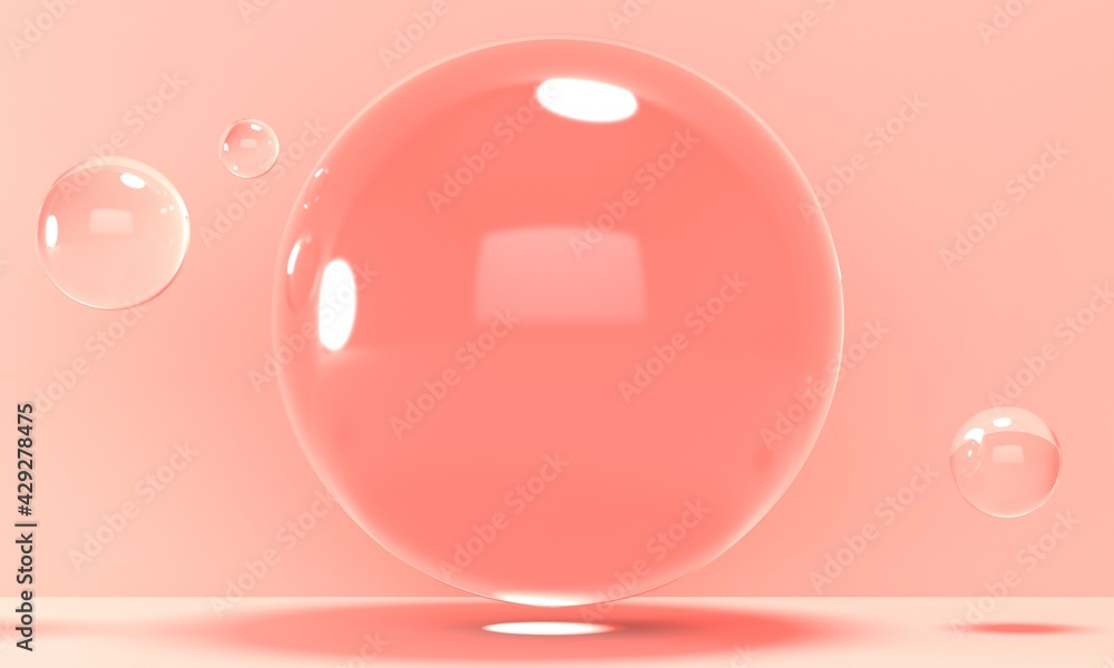Poster abstract pink background with flying big transparent bubble. 3d rendering