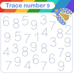 Vector Illustration of activity page for handwriting practice. Learning numbers for kids.Trace number design for learning handwriting