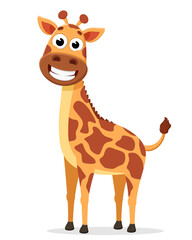 Giraffe stands and smiles on a white. The character