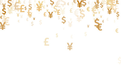 Euro dollar pound yen gold icons scatter money vector illustration. Finance concept. Currency