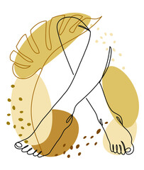 Silhouettes of human feet feet and leaves in modern one line style. Continuous drawing with plants, decor outline, wall poster, stickers, logo. Vector illustration.