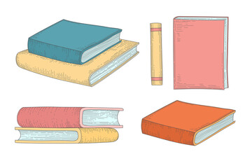 Vertical stack of old historical books in hardbacks with bookmarks isolated on white background. Pile of ancient textbooks for reading. Colored hand-drawn realistic vector illustration vintage style