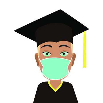 University graduate in an academic hat isolated on white. A guy in a medical protective mask on online training at the institute. Receiving a diploma remotely. Vector graphics.