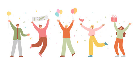Group of happy people raising hands celebrating holiday with colorful confetti vector flat illustration. Woman hold gift box having fun with friends isolated. Person with balloons and flag