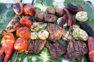 Grilled meat and vegetables on green horseradish leaves. Picnic concept Family lunch in the garden