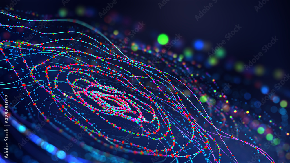 Poster Big data, digital field, wireless communication systems. Business and digital technologies. Data flow in a secure system. Analytics and strategy of innovative. 3D illustration of network structures