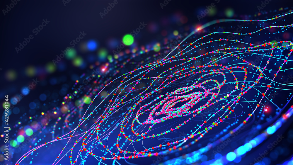Poster Big data. Business and digital technologies. Data flow in a secure system. Wireless systems, globalization. Data analytics, blockchain technology. 3D illustration of circular paths