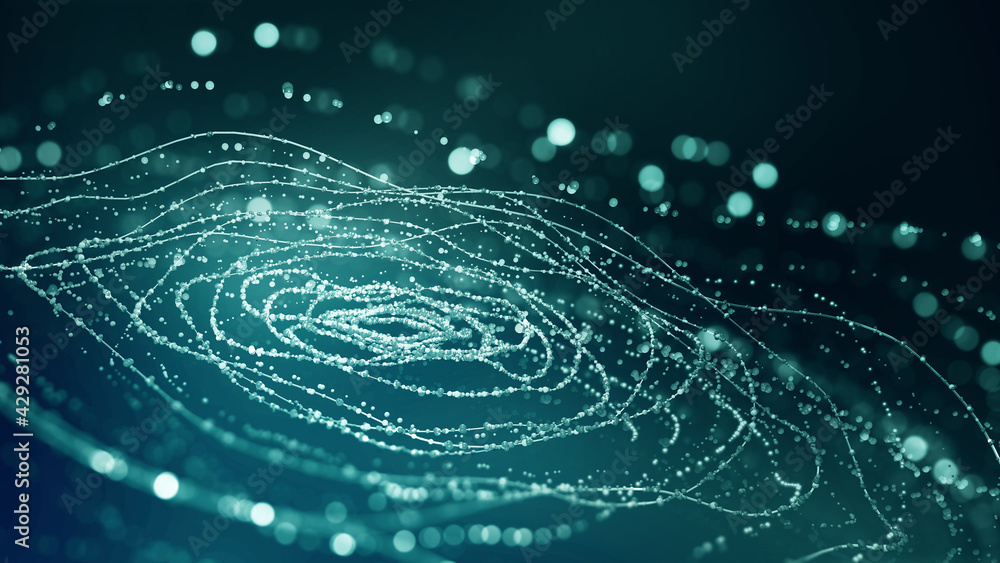 Poster Big data. Business and digital technologies. Data flow in a secure system. Wireless systems, globalization. Data analytics, blockchain technology. 3D illustration of circular paths