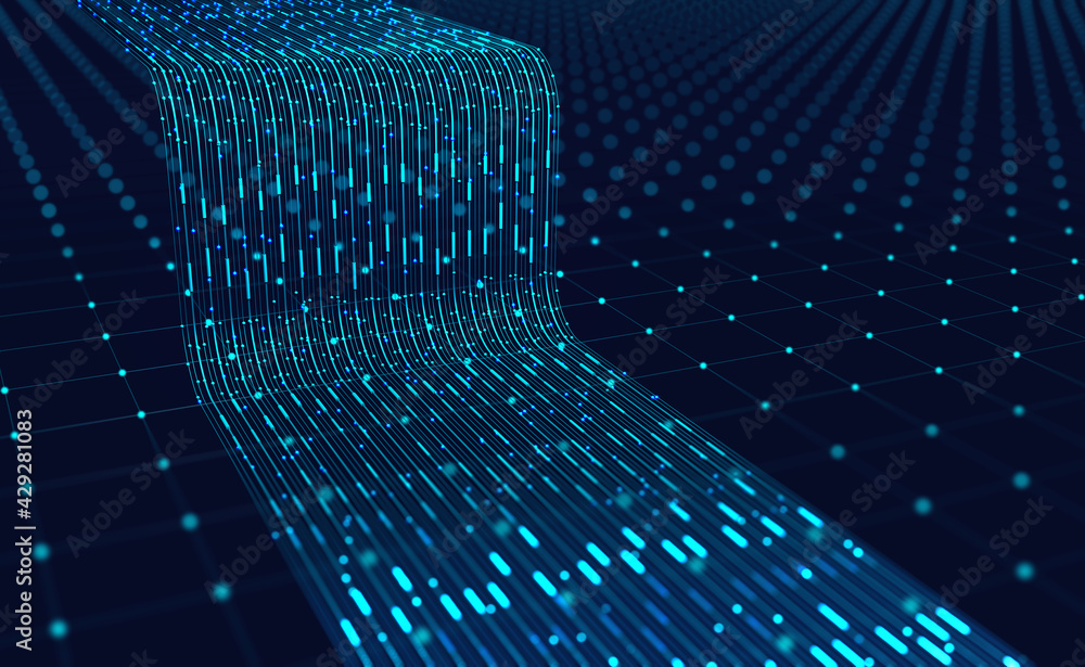 Poster Stream, flow digital data. Big data analytics and business strategy for innovative solutions. 3D illustration of network structures, guides and nodes of information accumulation