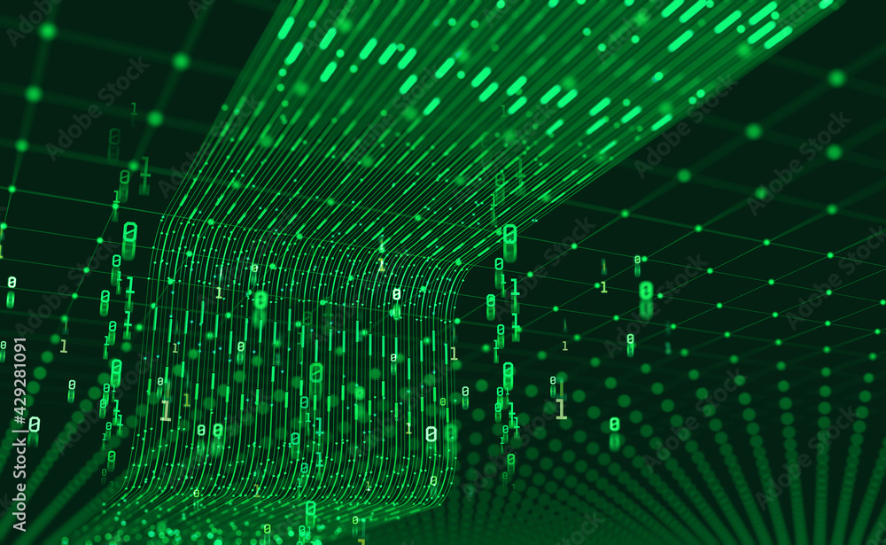 Poster Stream, flow digital data. Big data analytics and business strategy for innovative solutions. 3D illustration of network structures, guides and nodes of information accumulation