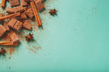 Dark chocolate slices with cinnamon and spices on a pastel green background.