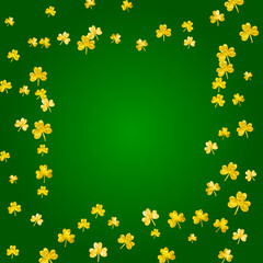 St patricks day background with shamrock. Lucky trefoil confetti. Glitter frame of clover leaves. Template for party invite, retail offer and ad. Merry st patricks day backdrop.