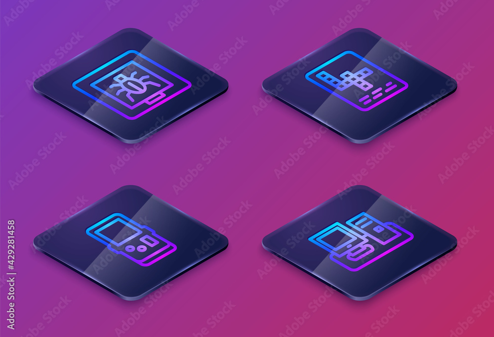 Poster set isometric line insects in a frame, tetris, crossword and monitor with keyboard. blue square butt