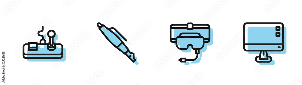 Poster set line virtual reality glasses, gamepad, fountain pen nib and computer monitor screen icon. vector