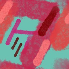 Seamless pattern of abstract elements in red shades on a green background for textiles.