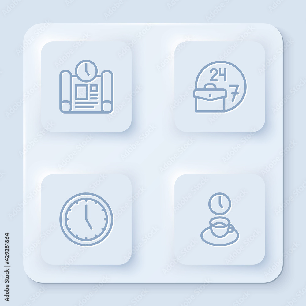 Poster set line project time plan, always busy, clock and coffee. white square button. vector