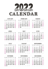 Vertical Calendar template for 2022 year. 12 months yearly calendar set in 2022. Week starts on Sunday. Vector illustration.