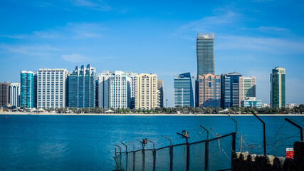 Fototapeta na wymiar Abu Dhabi, UAE - April 21, 2021 - Capital of Dubai during blue sky, United Arab Emirates