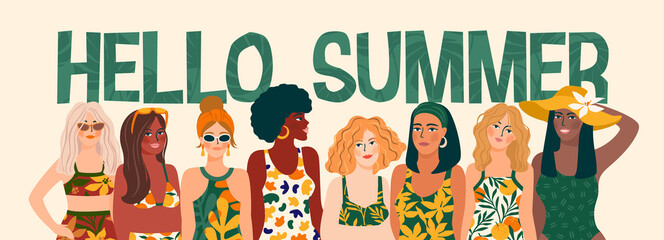 Vector illustration of women in bright swimsuit. Young girls with different skin colors.