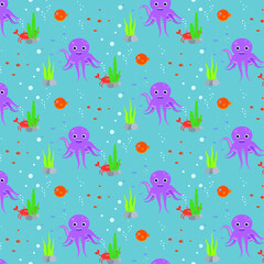Pattern for children marine life . Octopus , puffer fish , crab and small fish .