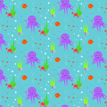 Pattern for children marine life . Octopus , puffer fish , crab and small fish .