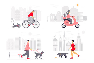 People spending time with pets in the city. Concept of outdoor activities, taking care of pets, babysitting for animals. Vector illustration. Flat style..