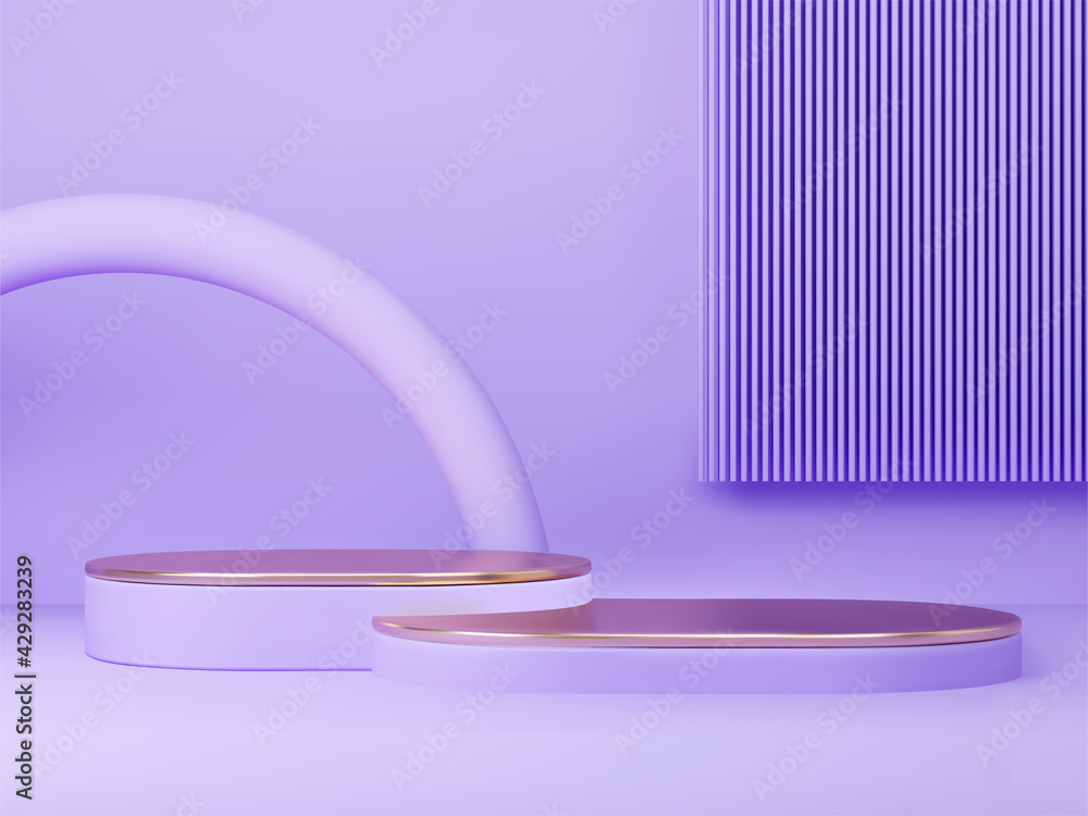 Poster 3d rendered podium for your product showcase. violet matt shapes with gold elements. vector 3d illus