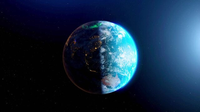 Earth from space rotation day to night skyline with aurora light. The globe spinning on satellite view space.  Realistic 3d rendering animation. elements of this image furnished by NASA. Loop able