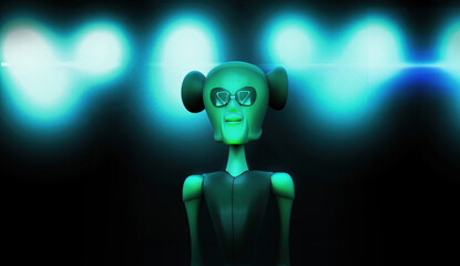 Alien 3D cartoon style figure in front of heavy lights. A dark futuristic 3D illustration