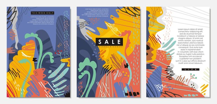 Colorful vector patterns collection for notebook covers, seasonal sales posters, party invitations, cards,  banners. Abstract shapes and lines set. Contemporary Memphis style abstract templates design