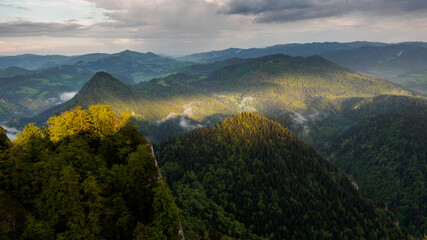 view from the top of Trzy Korony towards the east of the Little Pieniny Mountains