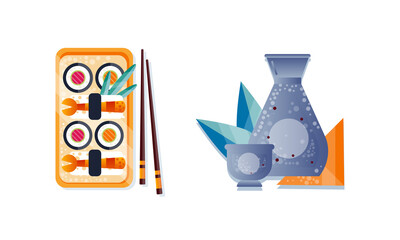 Sushi Roll with Chopsticks and Soy Sauce Flat Icon Vector Set