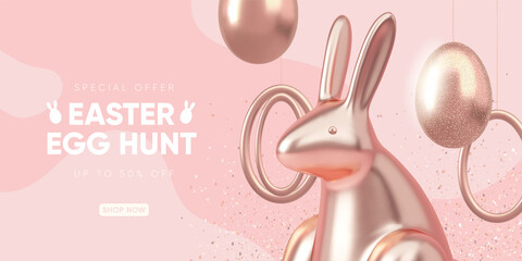 Easter realistic holiday modern banner. 3d Gold holiday decor. Vector illustration.