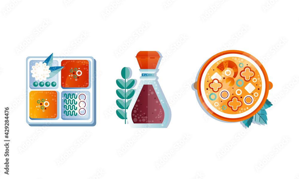 Poster sushi, pizza and soy sauce flat icon vector set