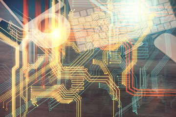 Double exposure of map hologram drawing over desktop. Top view. International connection concept.