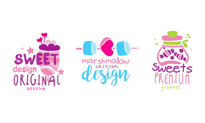 Emblems with Milkshake and Marshmallow as Sweet and Sugary Confectionery Vector Set