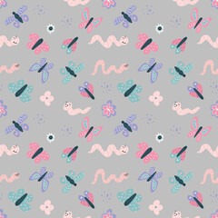 Seamless pattern with cute butterflies, worms and flowers. Vector simple hand drawn illustration in cute scandinavian style