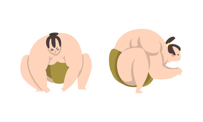 Sumo Wrestler as Japanese Martial Arts Fighter in Different Poses Vector Set