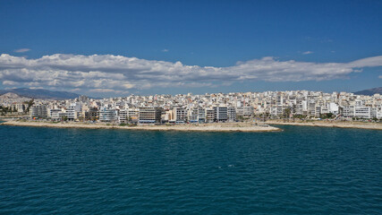 Aerial drone photo of famous seaside area of urban dense populated Piraeus - Piraiki, Attica, Greece