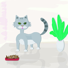 cat in the apartment next to a vase and food, vector