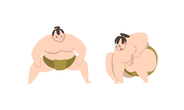 Sumo Wrestler as Japanese Martial Arts Fighter in Different Poses Vector Set