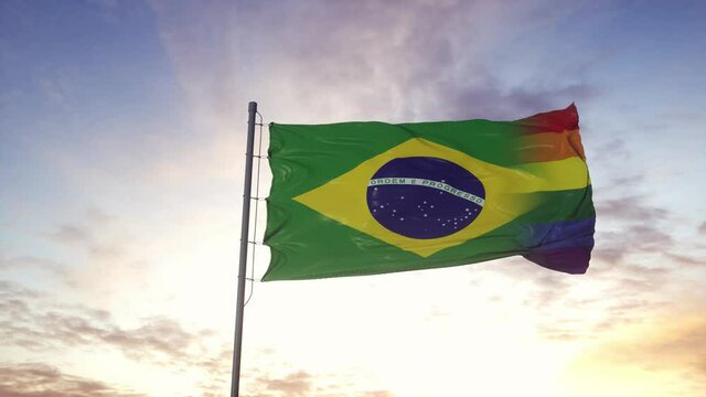 Waving national flag of Brazil and LGBT rainbow flag background