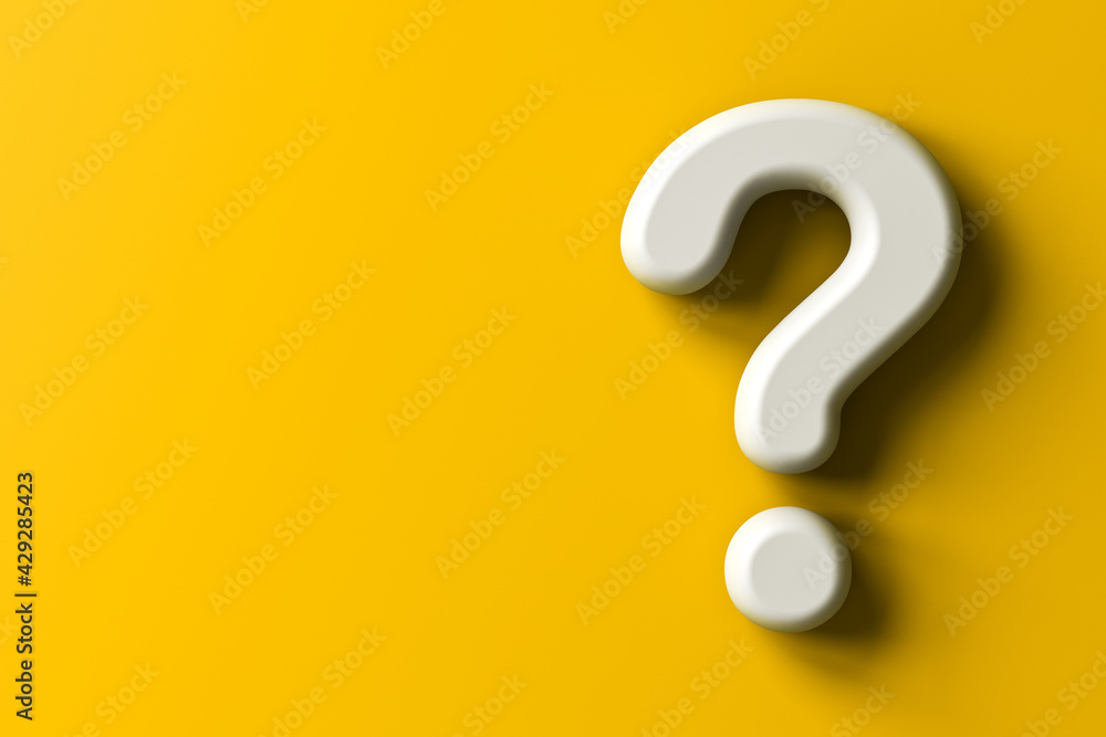 Poster white question mark isolate on yellow color wall background with shadow minimal conceptual 3d render