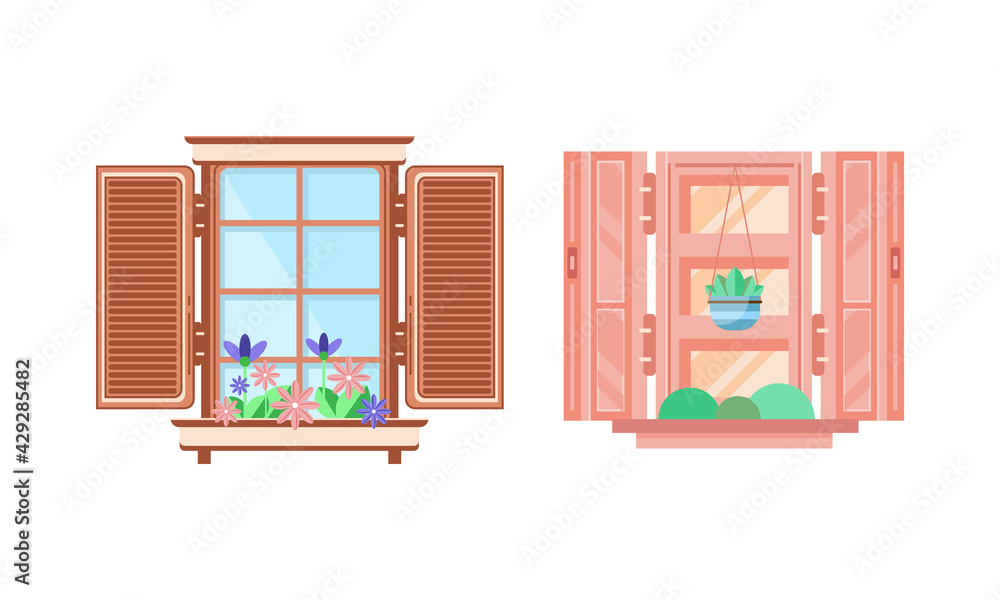 Poster hinged or sash window with shutters and flower pot rested on sill vector set.