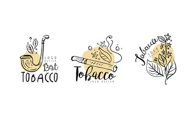 Tobacco Logo Design with Smoking Pipe and Plant Leaves in Hand Drawn Style Vector Set
