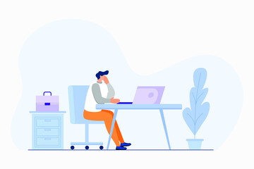 Businessman sitting and table and working isolated flat vector illustration. Tired businessman with professional burnout syndrome. Tiredness and trouble concept.