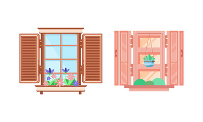 Hinged or Sash Window with Shutters and Flower Pot Rested on Sill Vector Set.